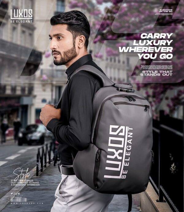 LUXOS Business Elite backpack for professionals with smart security features, digital lock, and elegant design