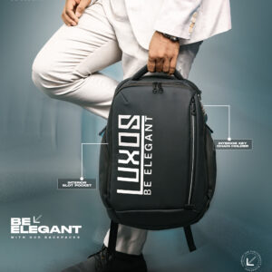 Luxos travel bags with three men showcasing black elegant backpacks, promoting luxurious lifestyle products in Bangladesh.