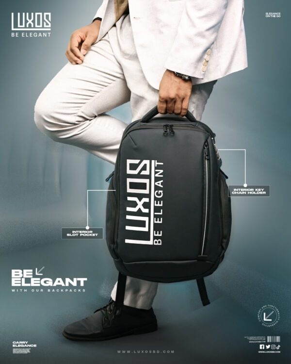 Luxos travel bags with three men showcasing black elegant backpacks, promoting luxurious lifestyle products in Bangladesh.